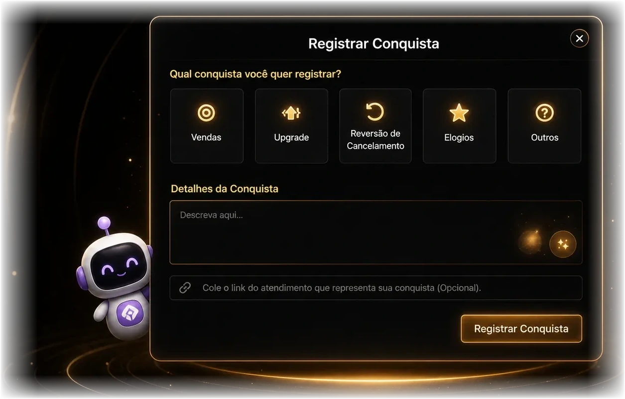 Tela Registrar Conquista do WOWChat com tipos de conquista do atendente.