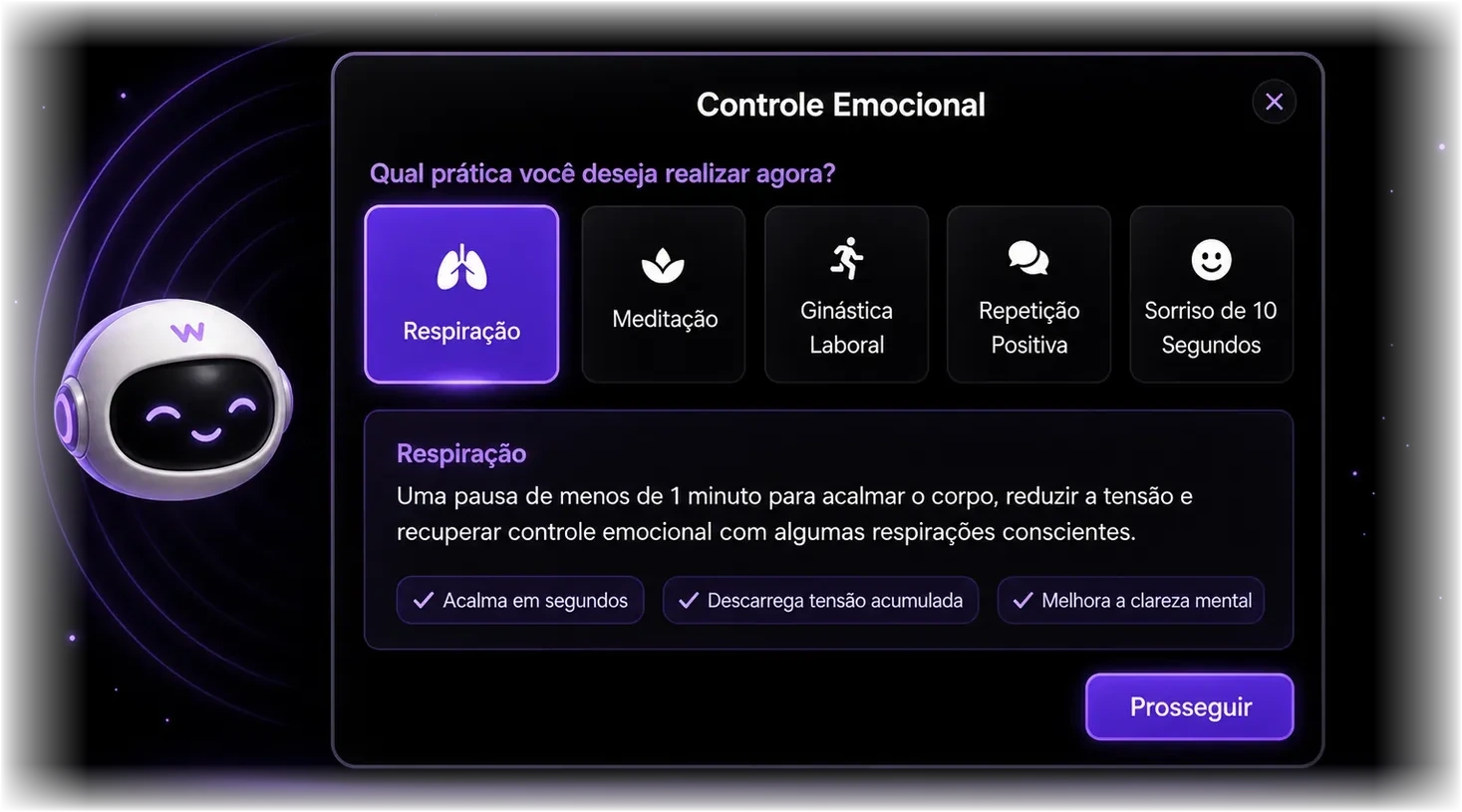 Recurso de controle emocional do WOWChat com práticas rápidas para o atendente.